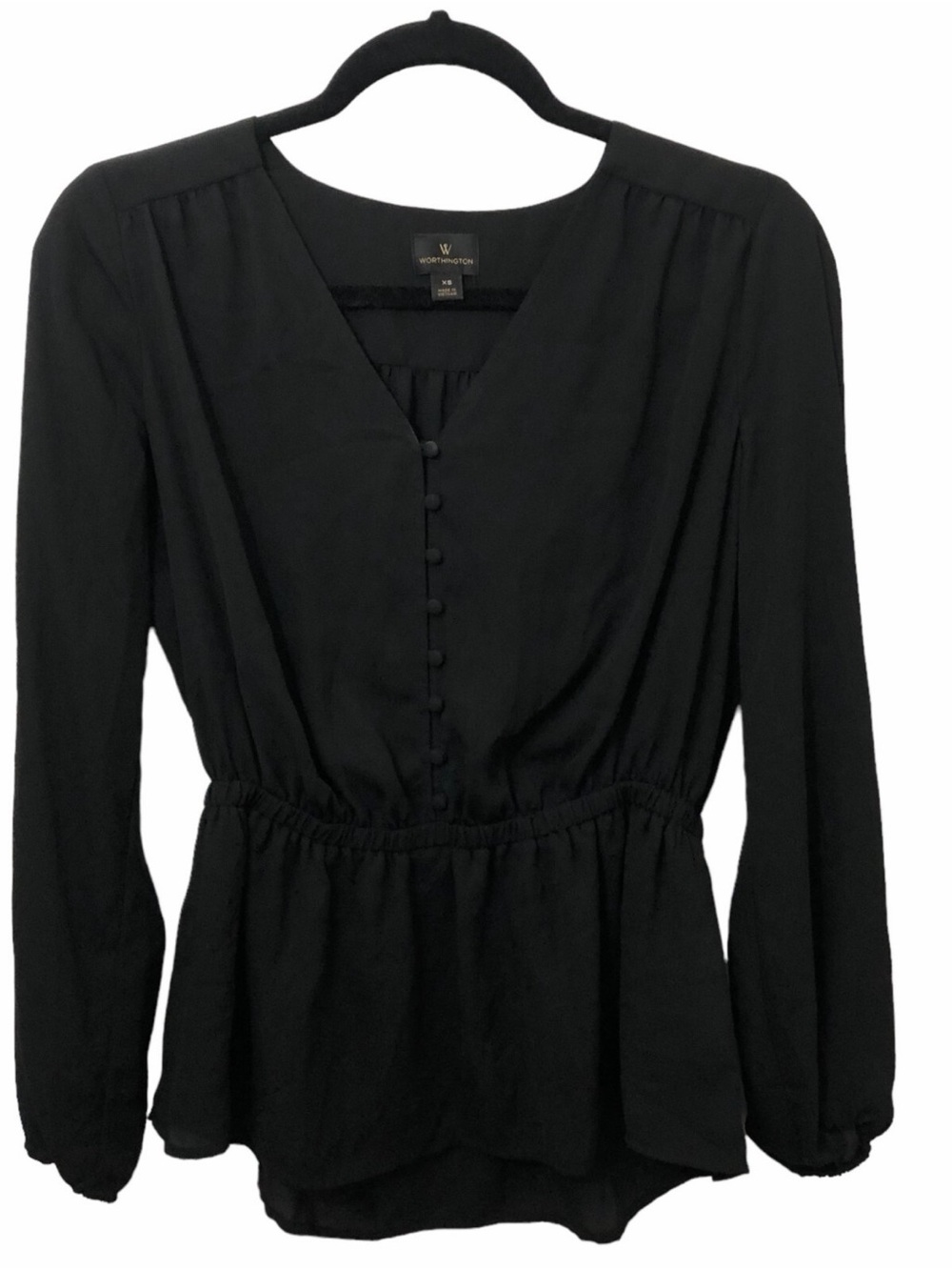 Worthington Black Long-Sleeve Peplum V-Neck Blouse